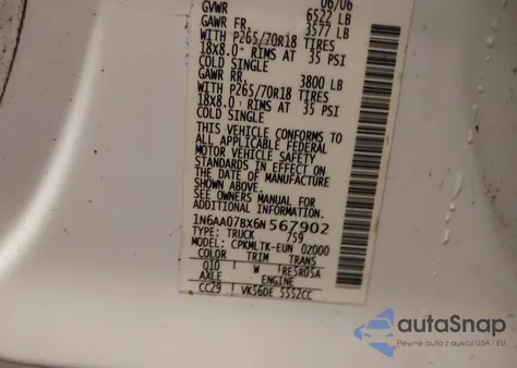 2006 Nissan Titan Se из США, поврежденный, VIN 1N6AA07BX6N567902